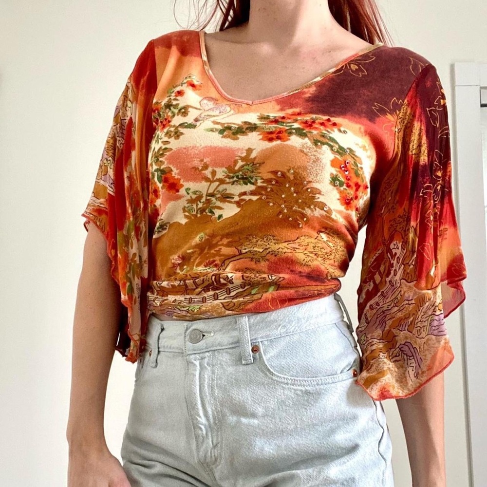 Vintage y2k Multi-Colored Landscape Print Top